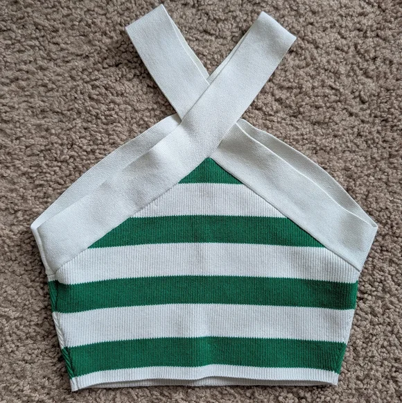 Aritzia Babaton White Gloss Green Sculpt Knit Criss Cross Cropped Tank Small - Picture 6 of 11